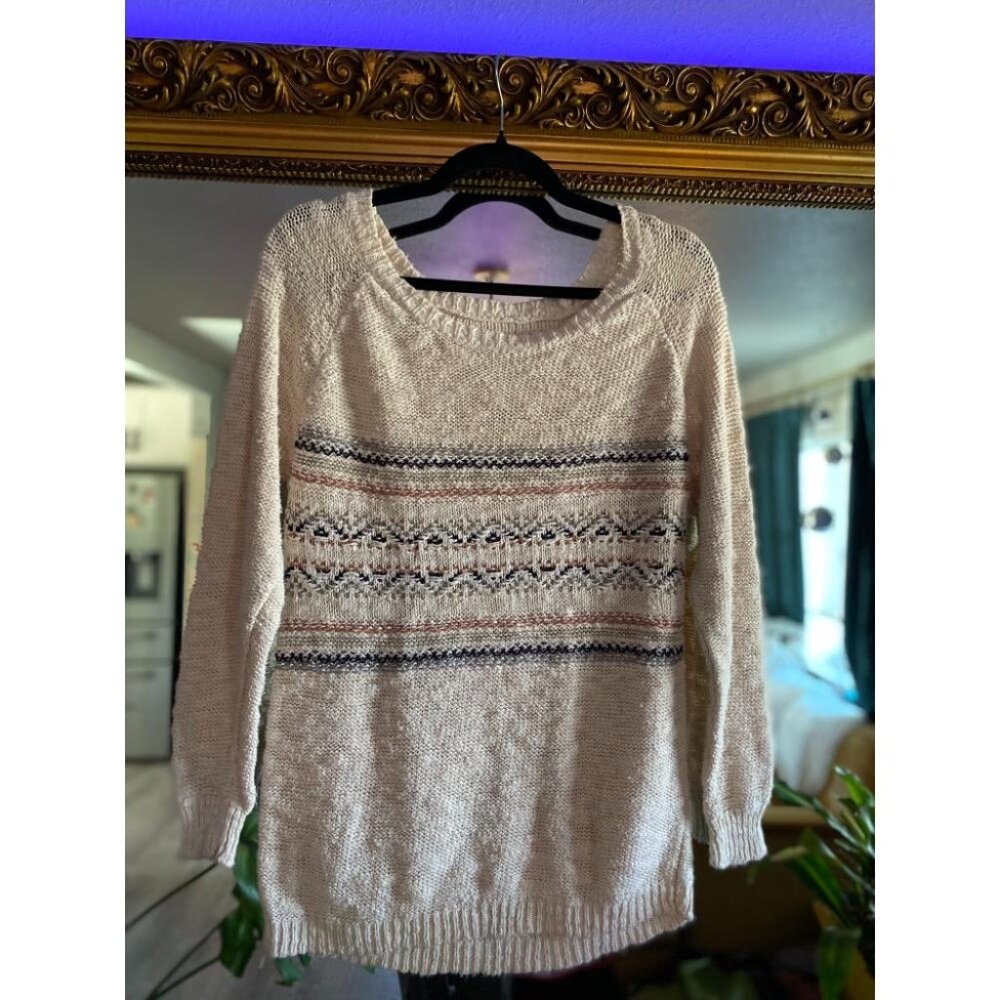 Women's Cream Knit Pullover Sweater with Navy & Rust Pattern Cozy & Lightweight